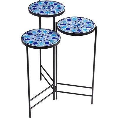 Teal Island Designs Blue Mosaic Black Iron Set of 3 Accent Tables