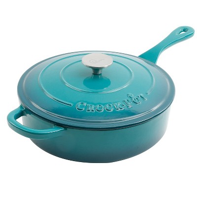 Crock Pot 112013.02 Artisan 3.5 Quart Enameled Cast Iron Saute Pan with Matching Lid and Non Stick Interior, Teal Ombre