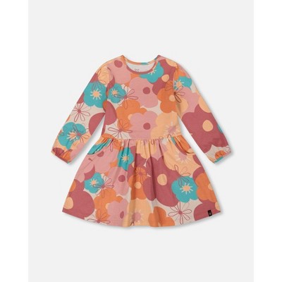 Deux par Deux Girl Organic Cotton Dress with Coral Flowers