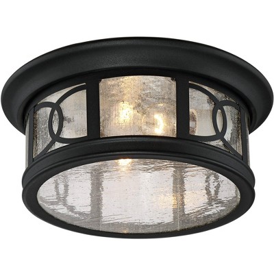 Black Steel and Seedy Glass Drum Flush Mount Ceiling Light