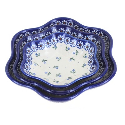 Blue Rose Polish Pottery Jubilee 3 PC Daisy Serving Bowl Set