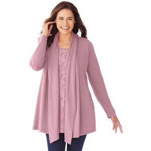 Woman Within Women's Plus Size 2-Fer Cardigan & Lace Tunic - 1 of 4