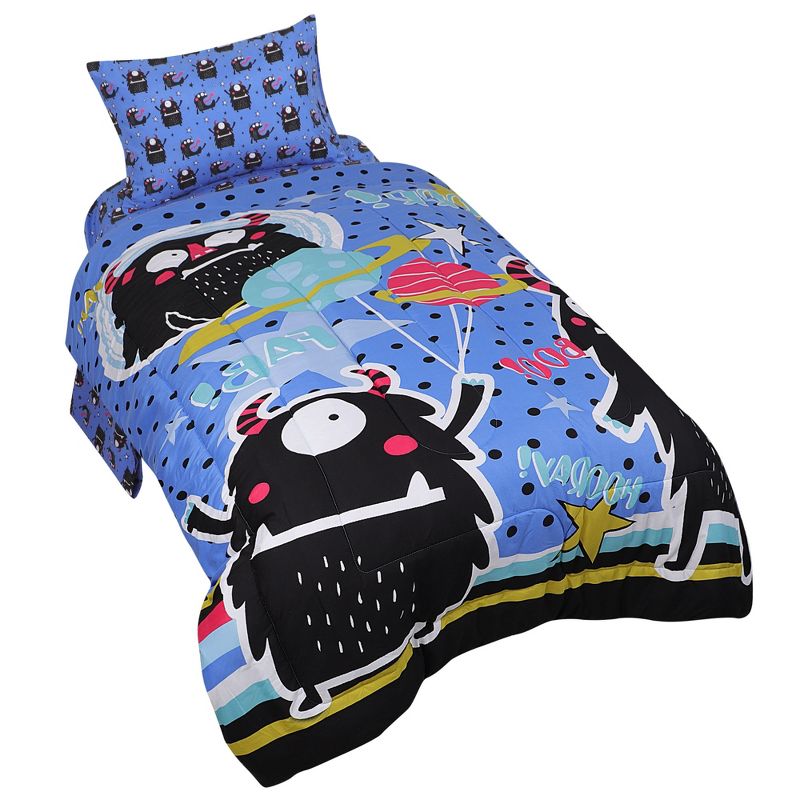 PiccoCasa Kids Microfiber All-season Monster Pattern Bedroom Comforter Sets 4 Pcs Twin Navy Black, 5 of 8