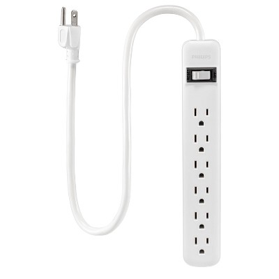 Philips 2' 6-Outlet Power Strip Cord White: Extension Cord, Plug Strip, 14 AWG, 15A, 1800W, Lifetime Warranty