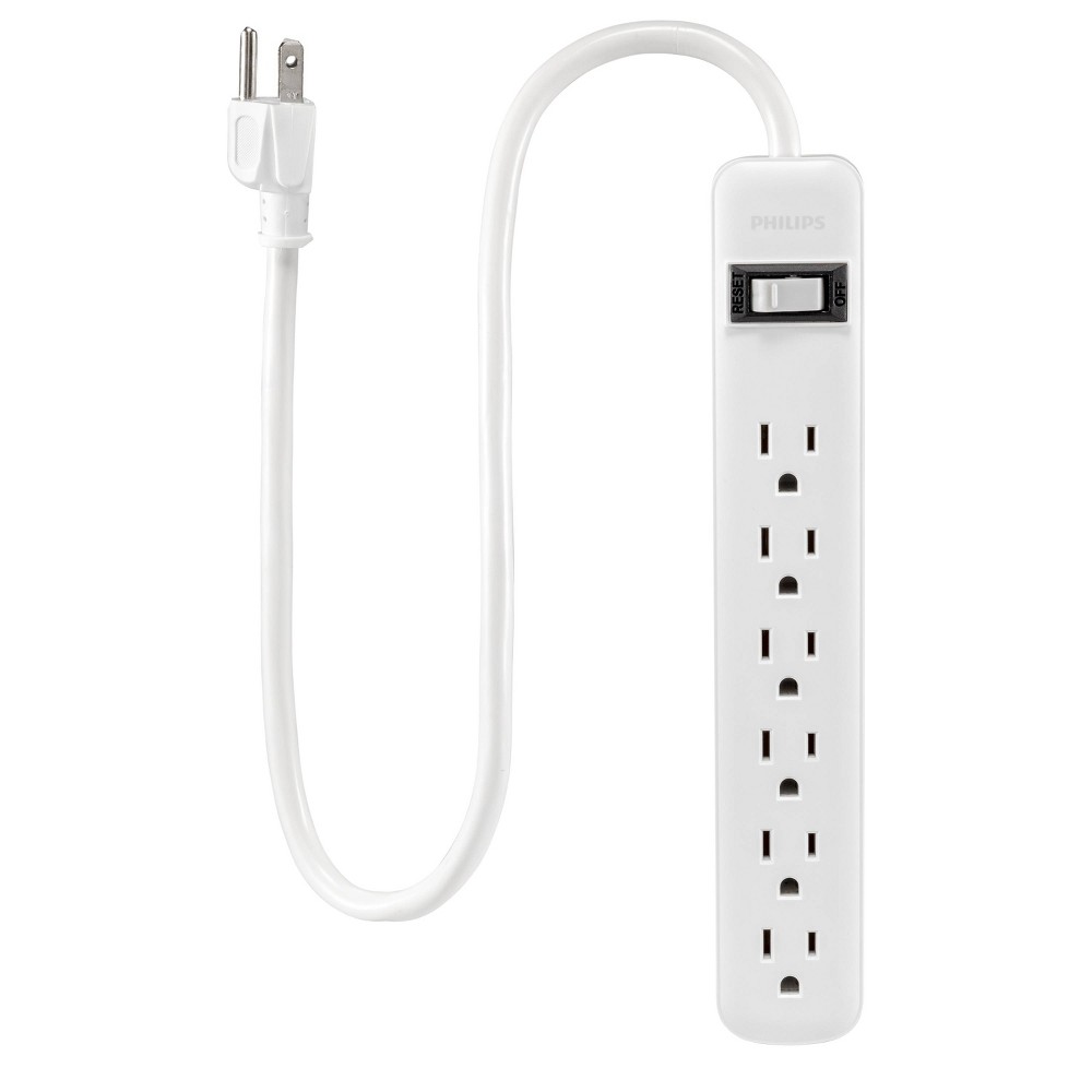 Philips 2' 6-Outlet Power Strip Cord White: Extension Cord, Plug Strip, 14 AWG, 15A, 1800W, Lifetime Warranty