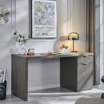 60" Modern Desk with Drawer & Cabinet, Fluted Computer Writing Desk for Living Room, Bedroom