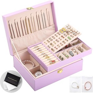 2-Layer Leather Jewelry Box with Lock, Travel Organizer with Removable Tray & Jewelry Bags - 1 of 4