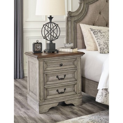 Antiqued Gray and Walnut 3-Drawer Nightstand with USB Ports