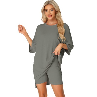 cheibear Women's 2 Pieces Lounge Sets Sleepwear Knit Loose Fit T-Shirt with  Biker Shorts Sweatsuits Gray Small