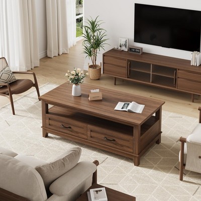 47.24" Farmhouse Coffee Table with Drawers, Rustic Coffee Table Wood Center Table