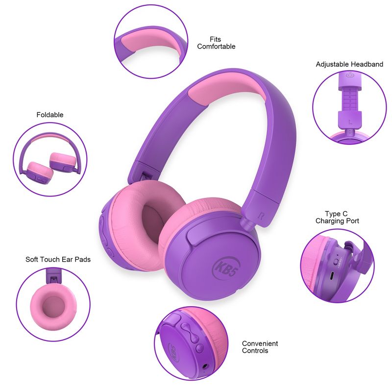 Contixo KB05 Kids Bluetooth Wireless Headphones -Volume Safe Limit 85db -On-The-Ear Adjustable Headset (Purple), 4 of 9