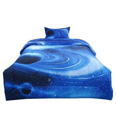 PiccoCasa Galaxy Themed Bedding Reversible Design Includes 1 Comforter 1 Pillowcase White Blue Twin