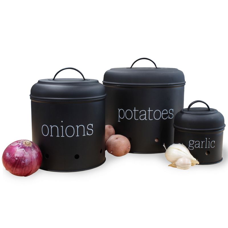 AuldHome Design Potatoes, Onions and Garlic Canister Set; Farmhouse Enamelware Vegetable Storage, 1 of 9