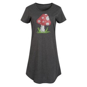 Women's - Instant Message - Cross Stitch Mushroom Graphic T-shirt Dress - 1 of 4