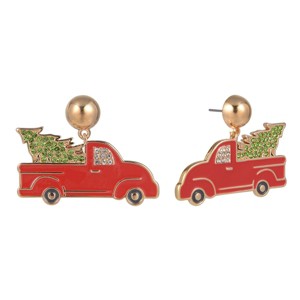 Hallmark Red Enamel Truck Earrings with Christmas Tree - 1 of 3
