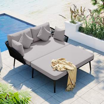 Outdoor Patio Loveseat Daybed, Woven Nylon Rope Backrest with Washable Cushions-ModernLuxe