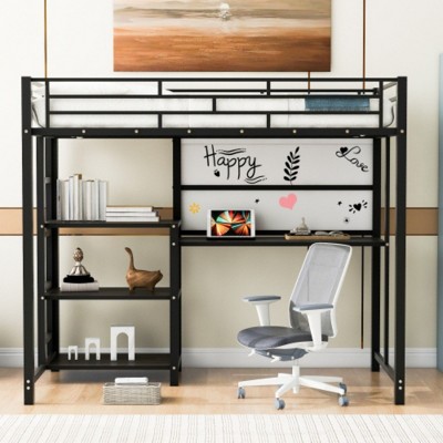 Twin Size Loft Bed with Desk and Whiteboard, Metal Loft Bed with 3 Shelves and Ladder, White