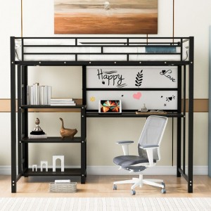 Twin Size Loft Bed with Desk and Whiteboard, Metal Loft Bed with 3 Shelves and Ladder, White - 1 of 4