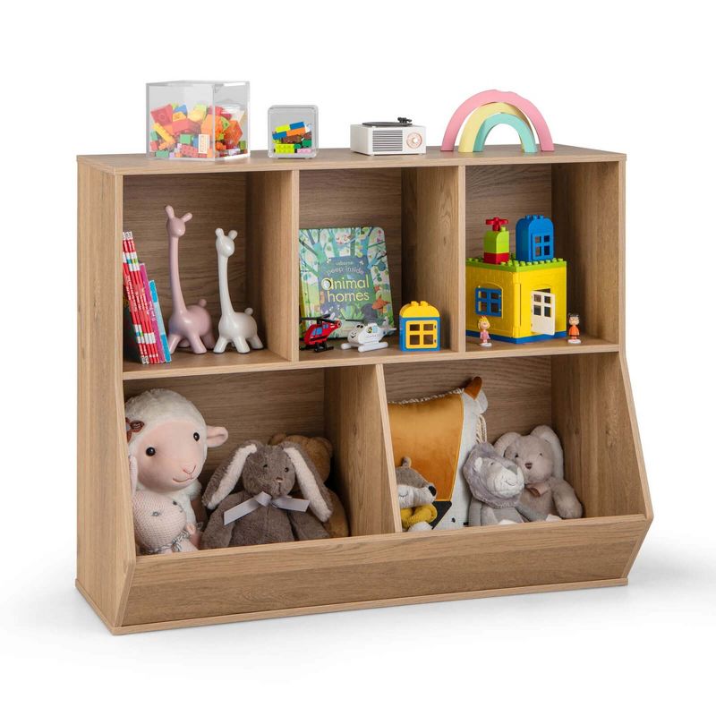 Costway 5-Cubby Kids Toy Storage Organizer Wooden Bookshelf Display Cabinet Natural/White, 1 of 11
