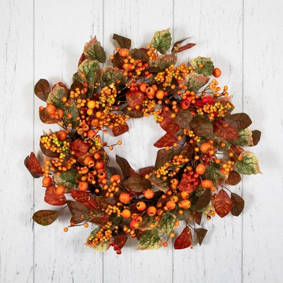 24" Orange and Green Artificial Fall Harvest Wreath with Grapevine Backing