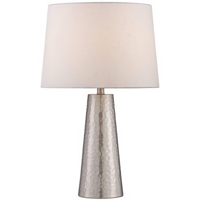 360 Lighting Modern Table Lamp Silver Leaf Hammered Metal Cylinder Off White Fabric Drum Shade for Living Room Family Bedroom