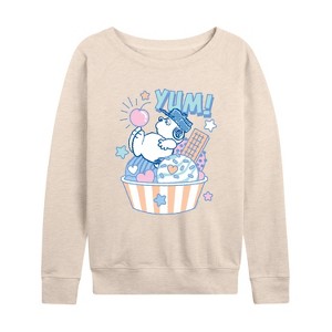 Women's - Peanuts - Olaf Ice Cream Lightweight French Terry Wide Neck Long Sleeve Graphic Shirt - 1 of 4