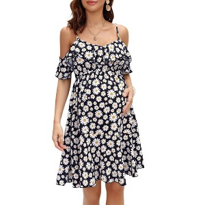 Coolmee Women Summer Maternity Mini Dress Ruffle Off Shoulder Floral Sleeveless Spaghetti Strap Flounce Beach Dress - 1 of 4