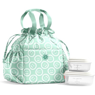Drawstring Lunch Bag for Women, Complete Lunch Set with 2 Containers, Stain-Resistant, Leak-Resistant, Back to School Essential, Teacher Lunchbox