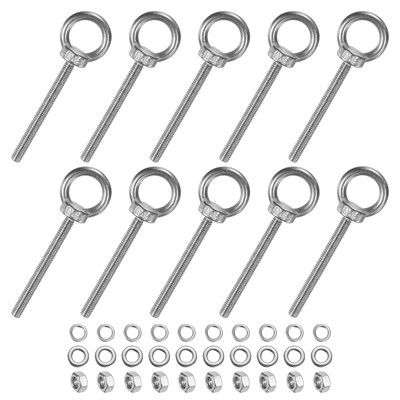 Unique Bargains Stainless Steel Durable Rust-Resistant Eyebolts with Nuts Washers Male Screw for Fastening 10 Pcs