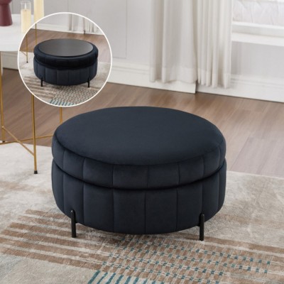 31.5" Round Velvet Storage Ottoman,Upholstered Footstool,Tufted Pumpkin-Shape Accent Ottoman for Living Room or Bedroom-Maison Boucle