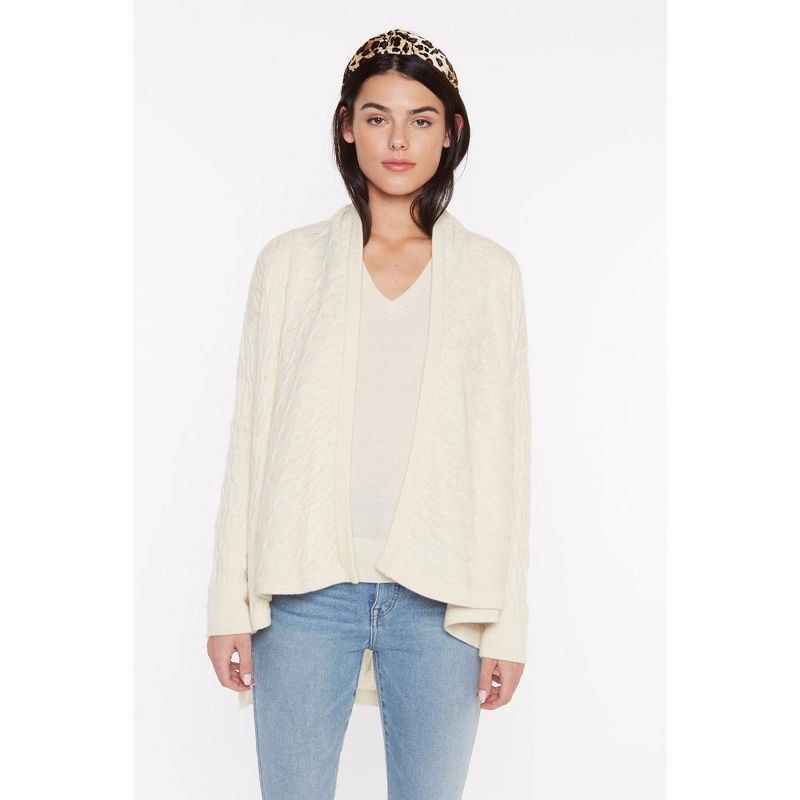 JENNIE LIU Women's 100% Pure Cashmere 4-ply Cable-knit Drape-front Open Cardigan Sweater, 3 of 4