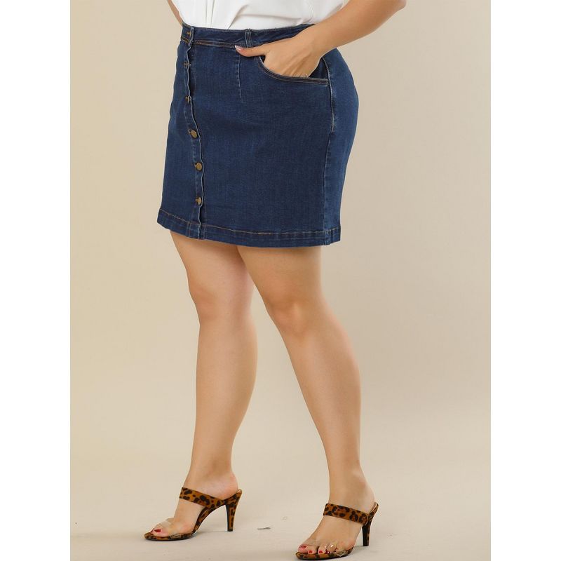 Agnes Orinda Women's Plus Size Denim Button Side Pocket Casual Jean A-Line Mini Skirt, 2 of 6