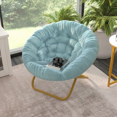 Dusty Aqua Faux Fur Oversized Folding Moon Chair with Gold Metal Frame