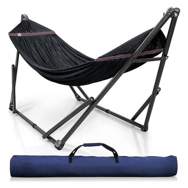 Tranquillo Universal 106.5 Inch Double Hammock Swing with Adjustable Powder-Coated Steel Stand and Carry Bag for Indoor or Outdoor Use, Black, 1 of 8