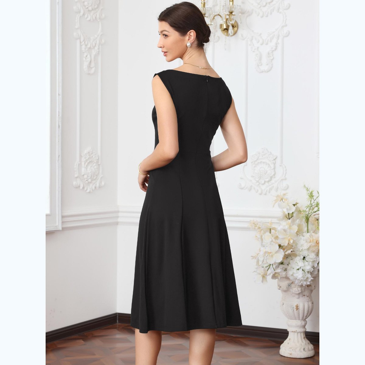 Женские платья INSPIRE CHIC Women's Round Neck Sleeveless Summer Work Office A-line Midi Dresses Large Black — фото 3