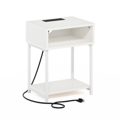 Furinno Moretti USB and Type-C Charging Port Open Storage Side Table with Metal Frame, White/White
