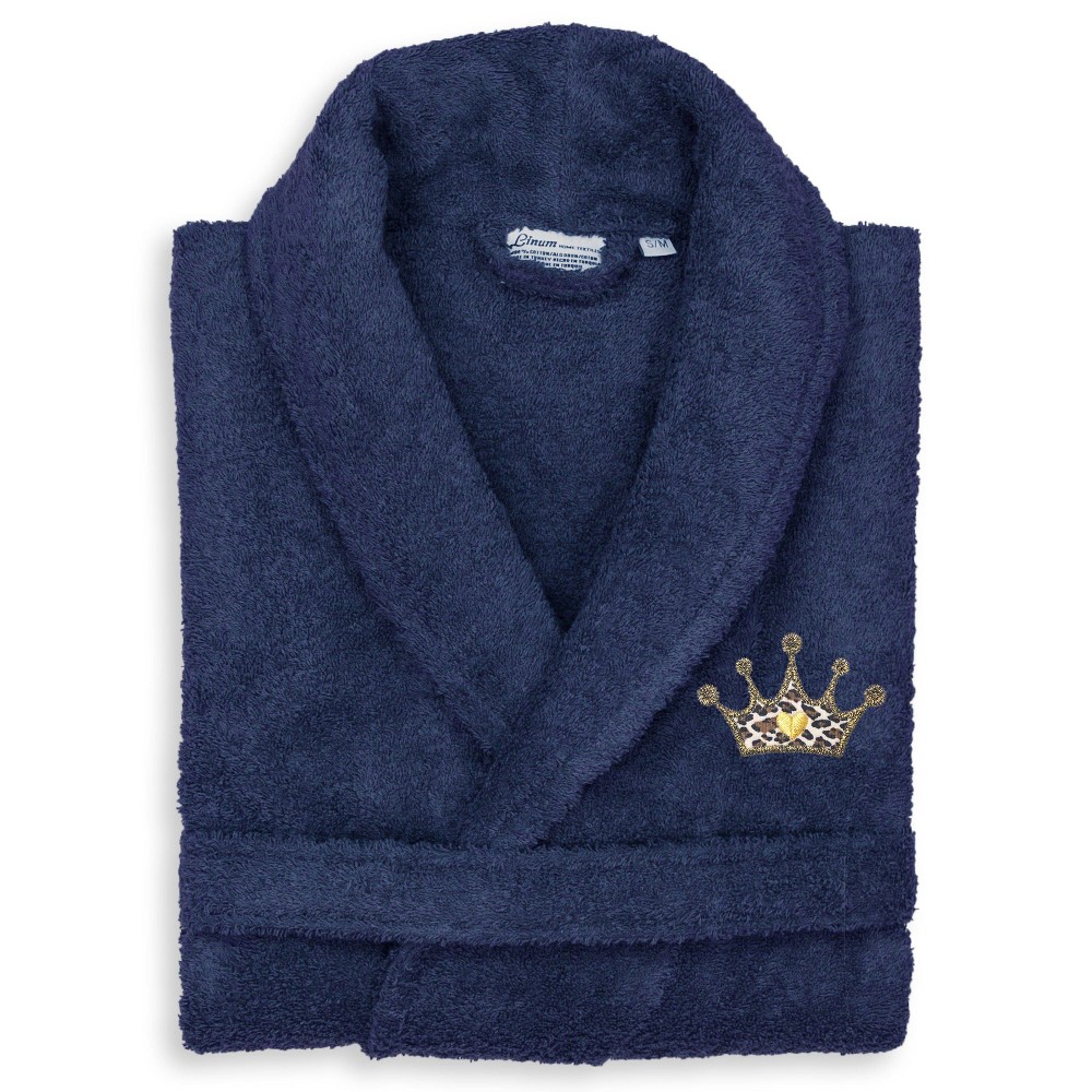 S/M Terry Bathrobe with Cheetah Crown Embroidery Navy - Linum Home Textiles