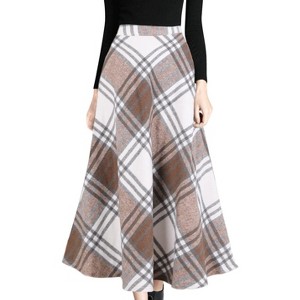 Women's Wool Plaid A-Line Skirt - Winter Warm Elastic Waist Pleated Long Skirt Coffee - 1 of 4