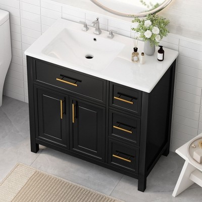 TOBILI 36" Bathroom Vanity with Sink Top, Bathroom Vanity Cabinet with Two Doors and Three Drawers, Solid Wood , MDF Boards ,One Package, Black