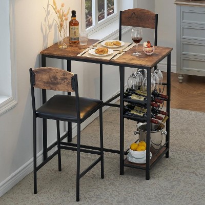 Jojoka 3-Piece Bar Table Set with 2 Upholstered Footrest Chairs, Rectangular Metal Frame with Storage Shelf