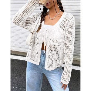 Women's Lightweight Crochet Cardigan Open Front Tie Shrug Knit Crop Top Summer Cardigan - 1 of 4