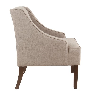 Tan Upholstered Wood Swoop Arm Accent Chair