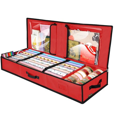 40" Christmas Wrapping Paper Storage Bag with Flexible Partitions & Pockets,Red/Gray-HOMLUX