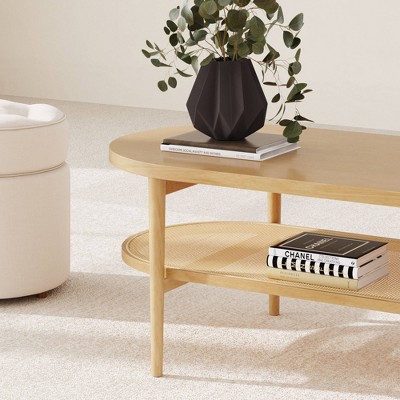 Sonia Bohemian Oval Light Wood Coffee Table with Rattan Storage