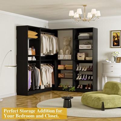 Aheaplus Corner Wardrobe Organizer System with Adjustable Shelves, Closet System with Hanging Rods