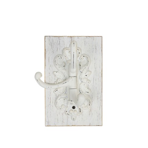 3 Hook Wall Hanger White Wood & Cast Iron by Foreside Home & Garden