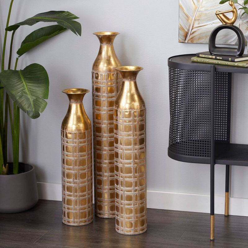 Set of 3 Metal Tall Distressed Metallic Vase with Etched Grid Patterns Gold - Olivia &#38; May, 2 of 18