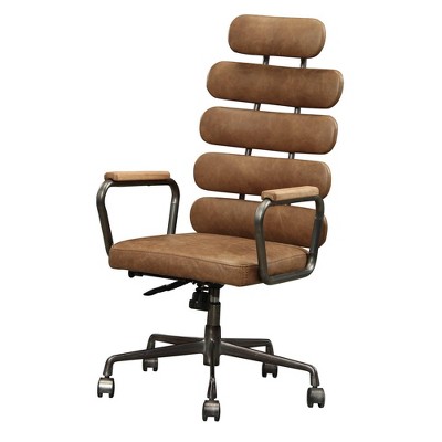 Leatherette Metal Swivel Executive Chair with Five Horizontal Panels Backrest Brown - Benzara