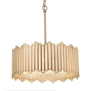 LNC Hemaaolay 4-Light 16" Modern Drum Small Chandelier, Matte Gold and White  Tiffany Glass - 1 of 4