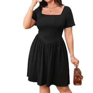 Coolmee Women Summer Mini Dress Casual Short Sleeve Square Neck A Line Pleated Swing Dresses Basic Short Sundress - 1 of 4